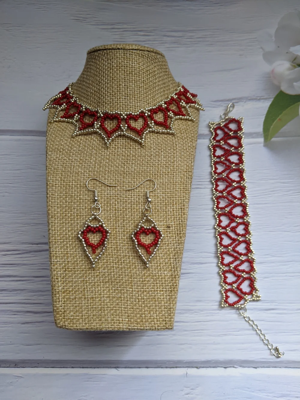 Handmade Red Heart Beaded Jewelry Set - Necklace, Bracelet & Earrings